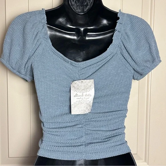 Altar'd State Light Blue Ruched Puff Sleeve Crop Top Small NWT $54.95 - Picture 7 of 11